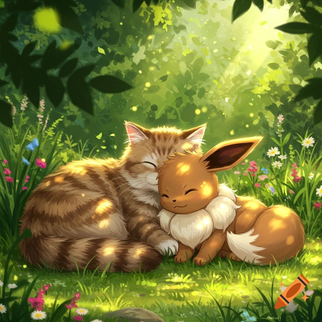 A fluffy tabby cat and an Eevee cuddle asleep in a sunny, lush forest with wildflowers, digital illustration.