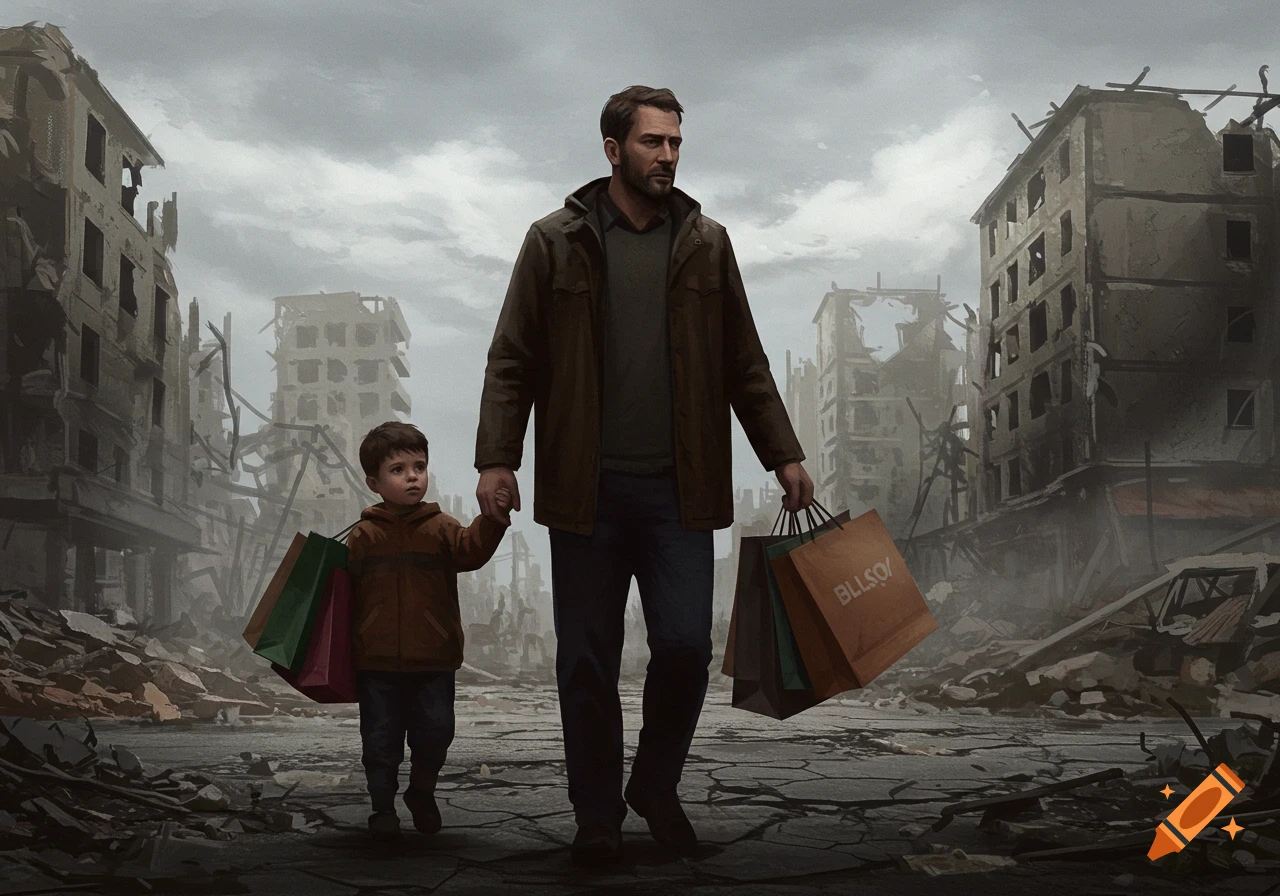 A man and a young boy walk hand-in-hand through a war-torn, destroyed city, carrying shopping bags in an illustrative style.