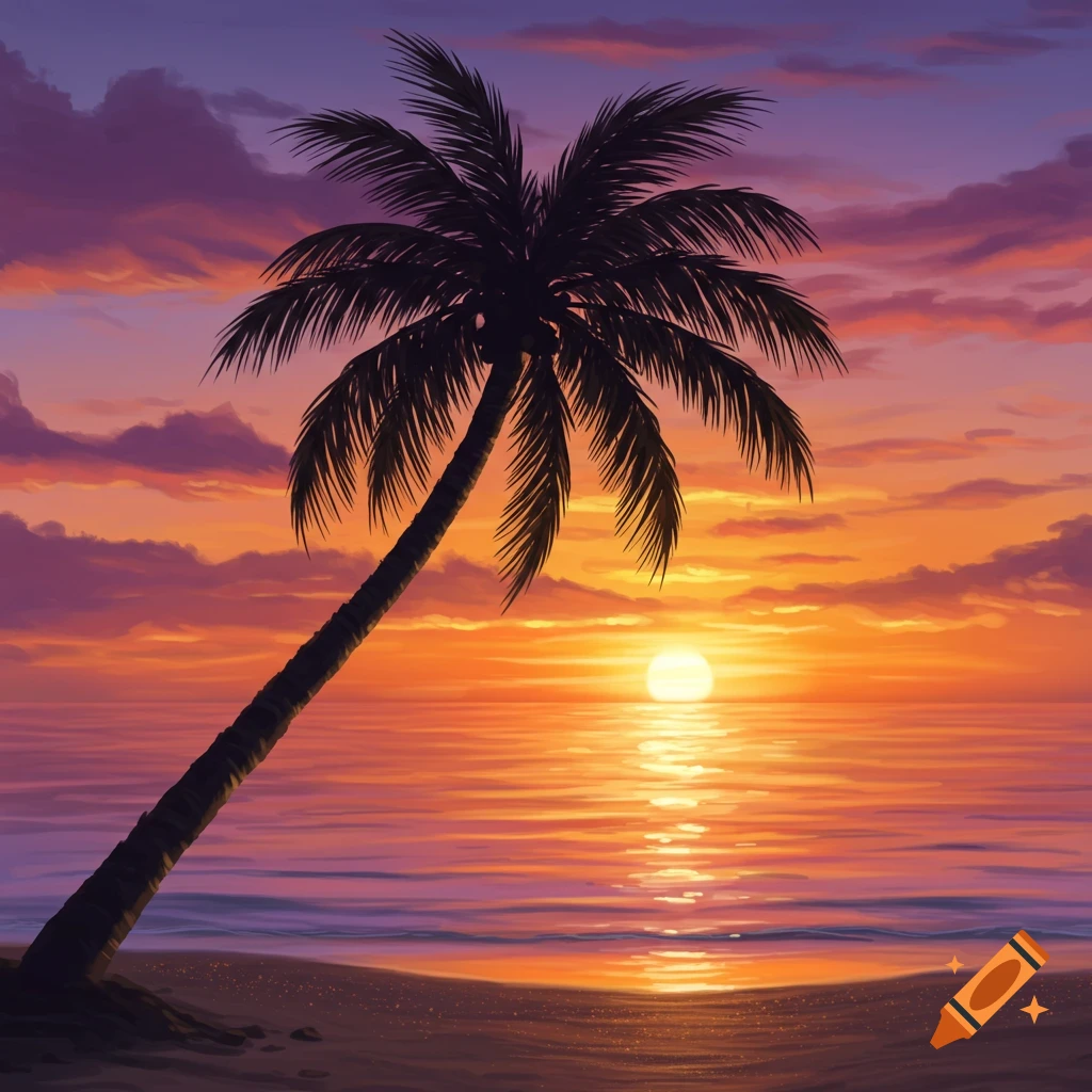 A silhouetted palm tree leans over a beach at sunset, with vibrant orange and purple clouds over a shimmering ocean.