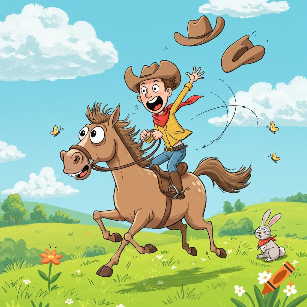 Cartoon of a startled cowboy boy on a galloping horse, his hats flying off, in a green field with a rabbit.