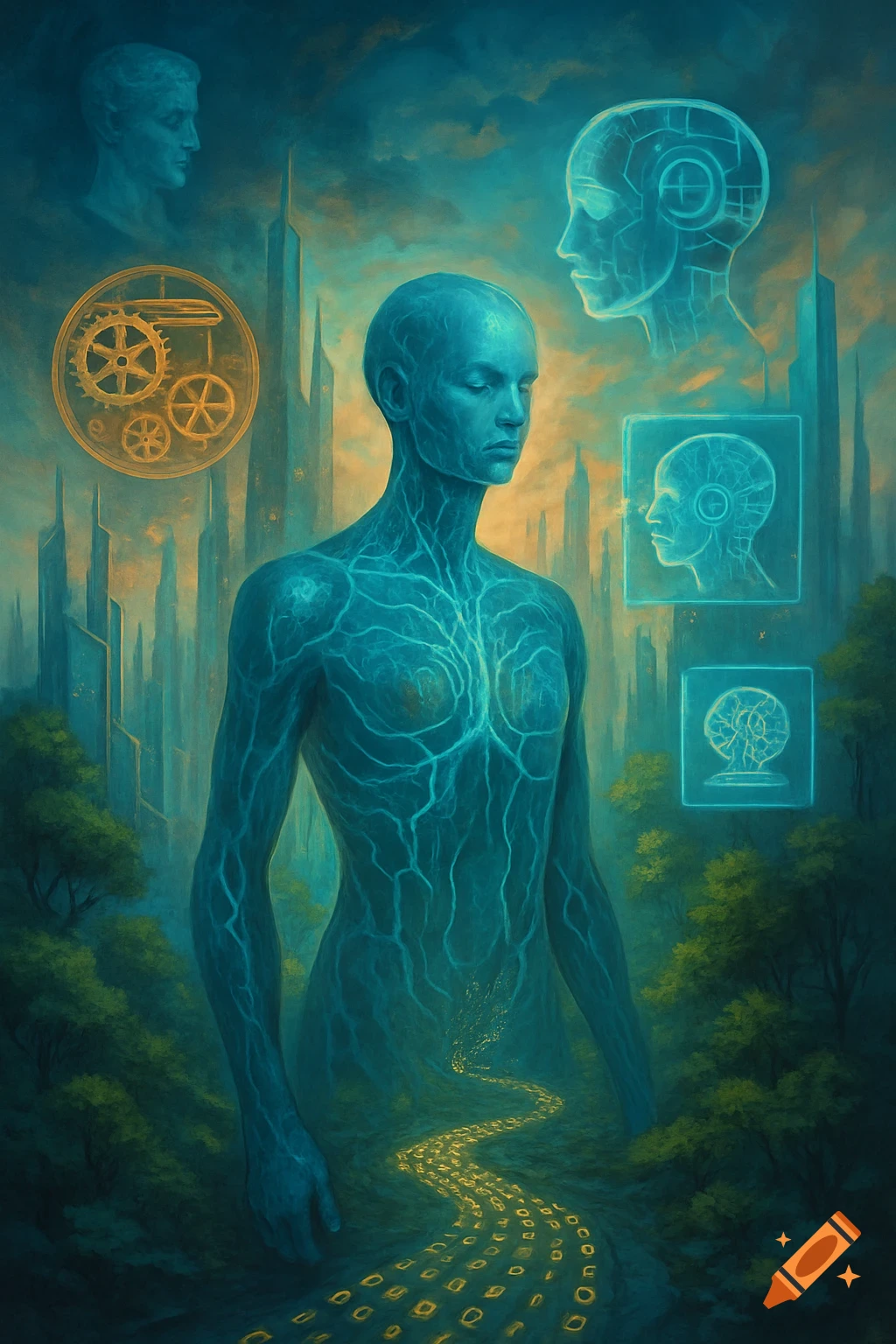 An ethereal blue figure with glowing veins stands in a futuristic landscape with skyscrapers, trees, and a path of binary code. Holographic heads and gears float in the background in a digital art style.