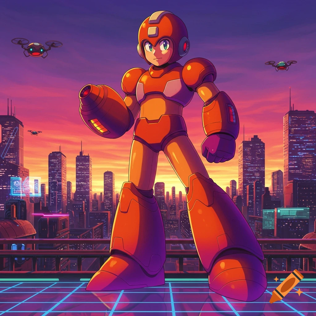 An orange and purple robot character resembling Mega Man stands on a neon grid in a futuristic city at sunset, with drones flying.