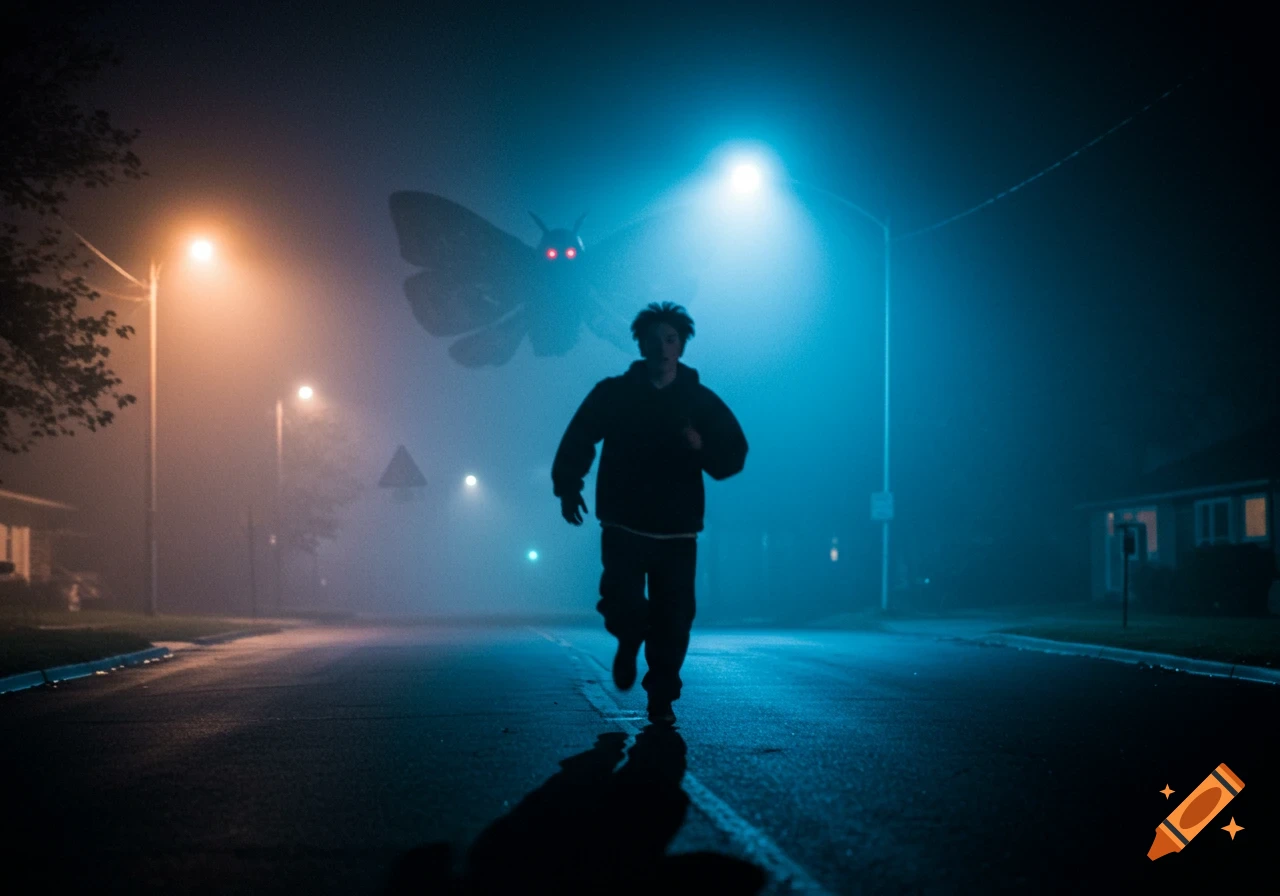 Person runs on a foggy street at night from a large, dark, moth-like creature with glowing red eyes under eerie streetlights.