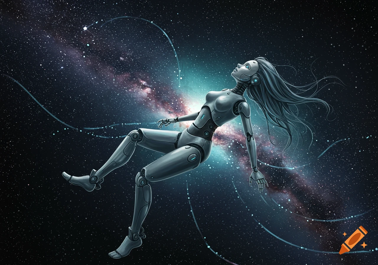 A silvery female robot with long hair floats gracefully in space amidst a galaxy of stars and nebulae.