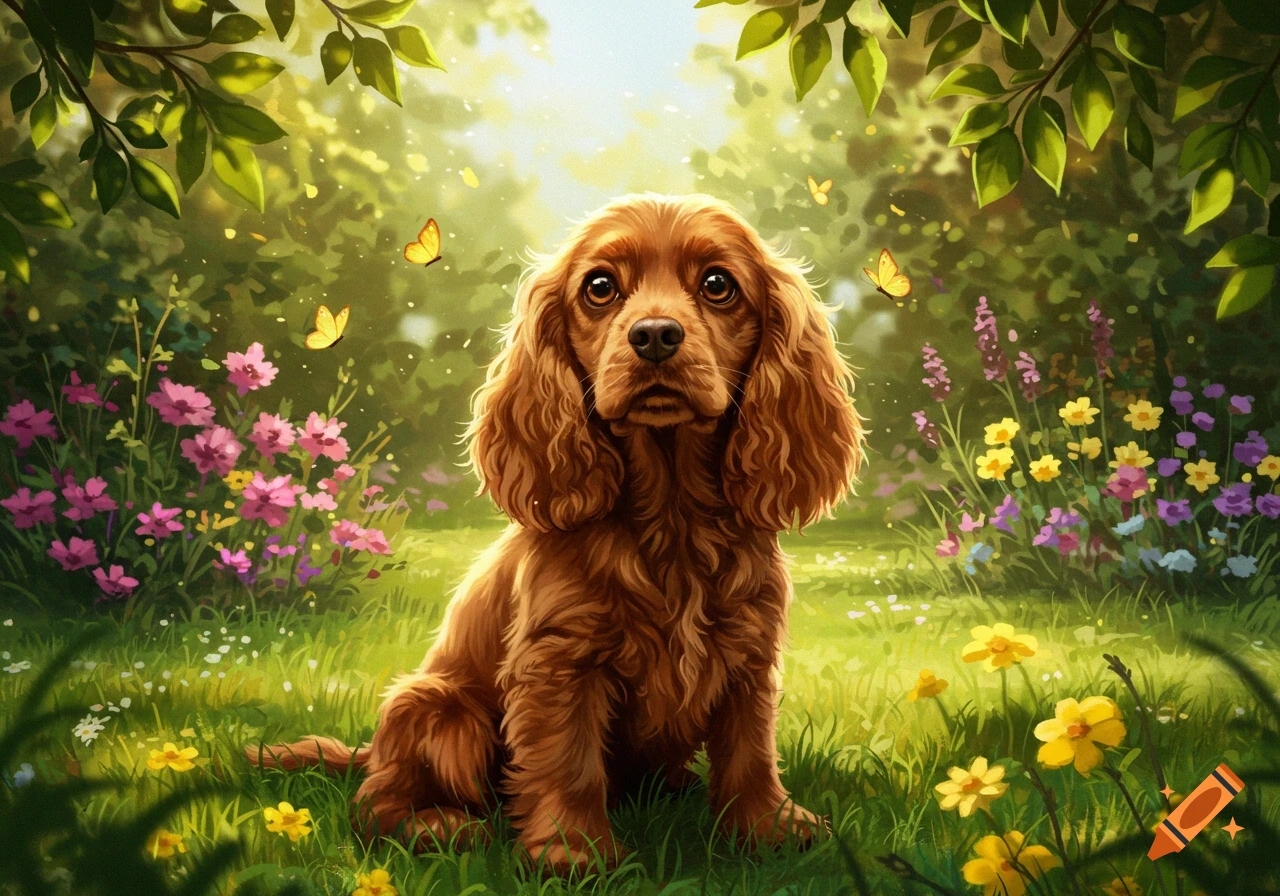 A brown Cocker Spaniel puppy with big eyes sits in a sunlit, vibrant garden filled with colorful flowers and butterflies, digital art.