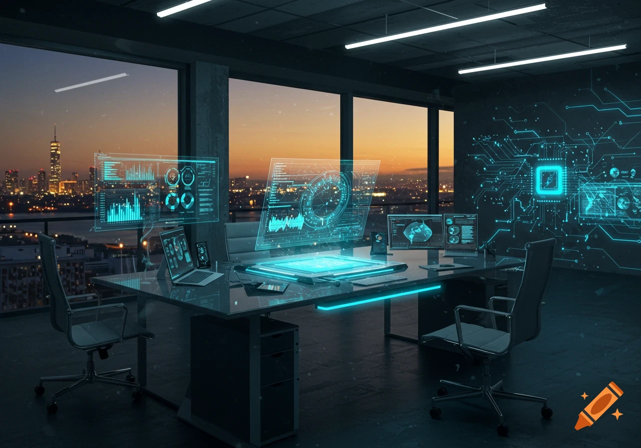 A futuristic office with glowing holographic displays showing data and charts, overlooking a city skyline at sunset.