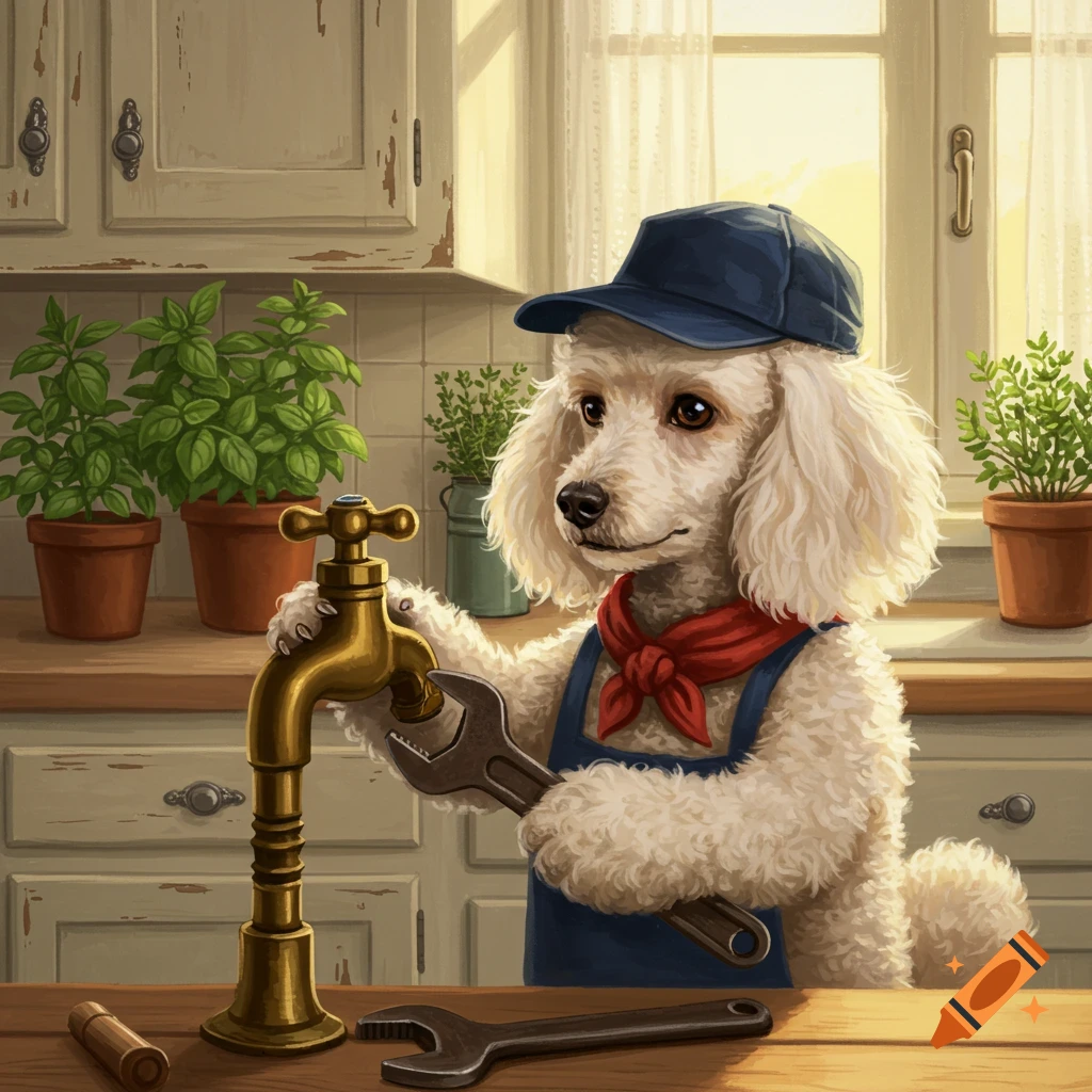 An illustrated white poodle plumber in a blue cap and overalls fixes a golden faucet with a wrench in a sunny kitchen.