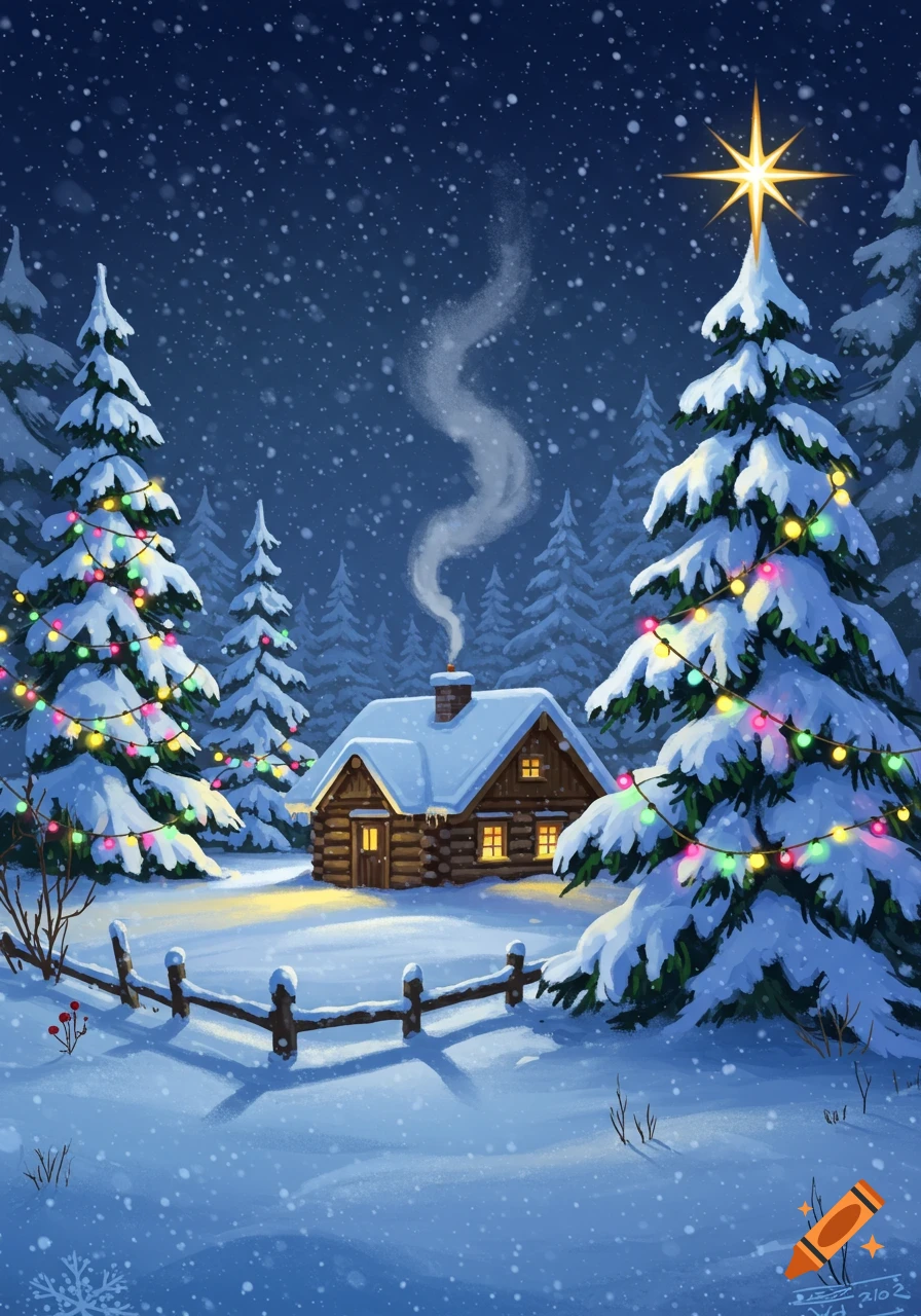 Cozy, snowy Christmas illustration of a lighted cabin and decorated pine trees under a star-filled night sky.