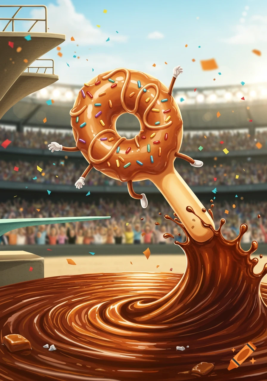 Whimsical illustration of a donut stick diving off an Olympic board into chocolate sauce, with confetti and a stadium crowd.