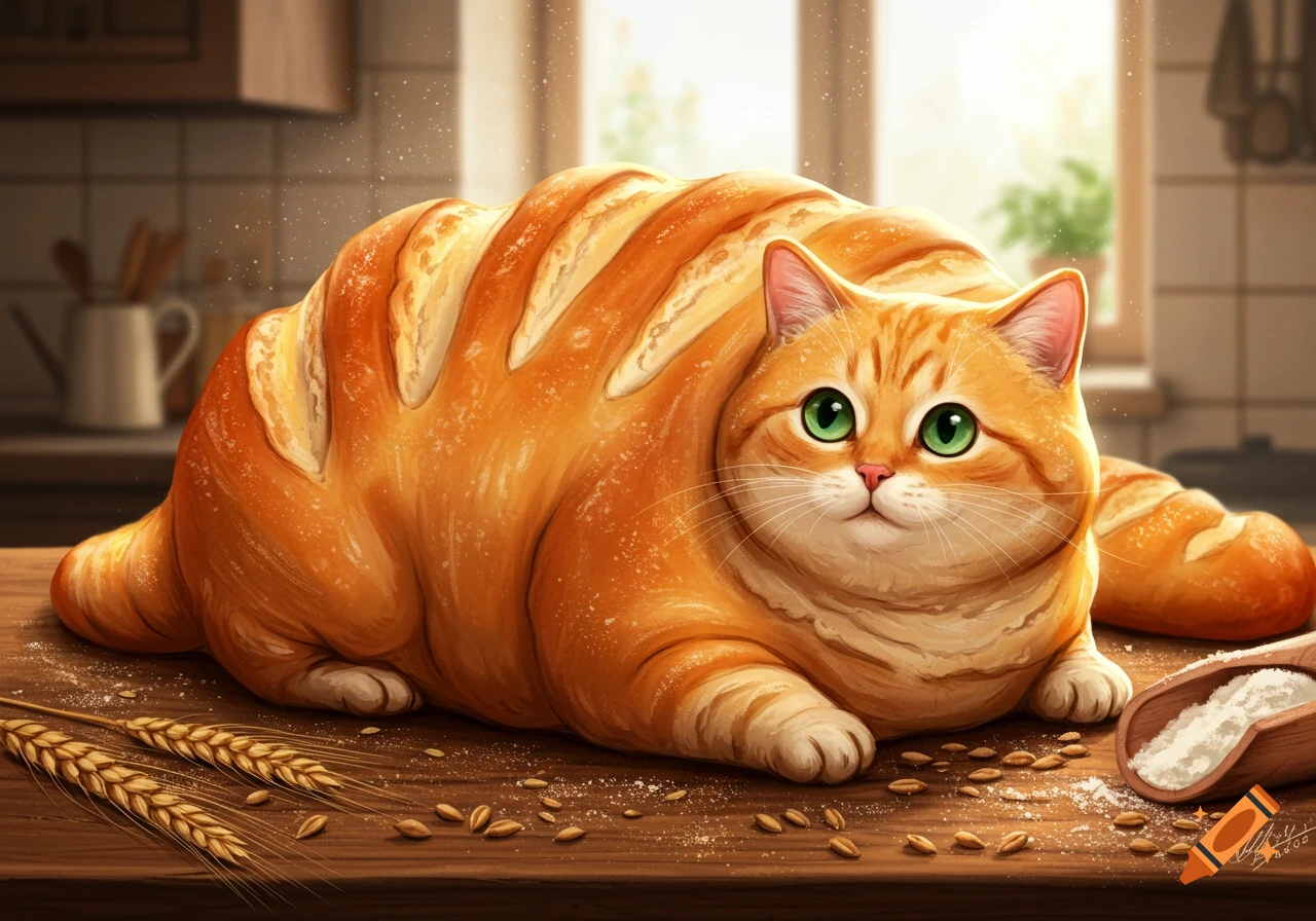 A cute orange tabby cat, shaped like a baguette, lies on a wooden kitchen counter with wheat and flour.