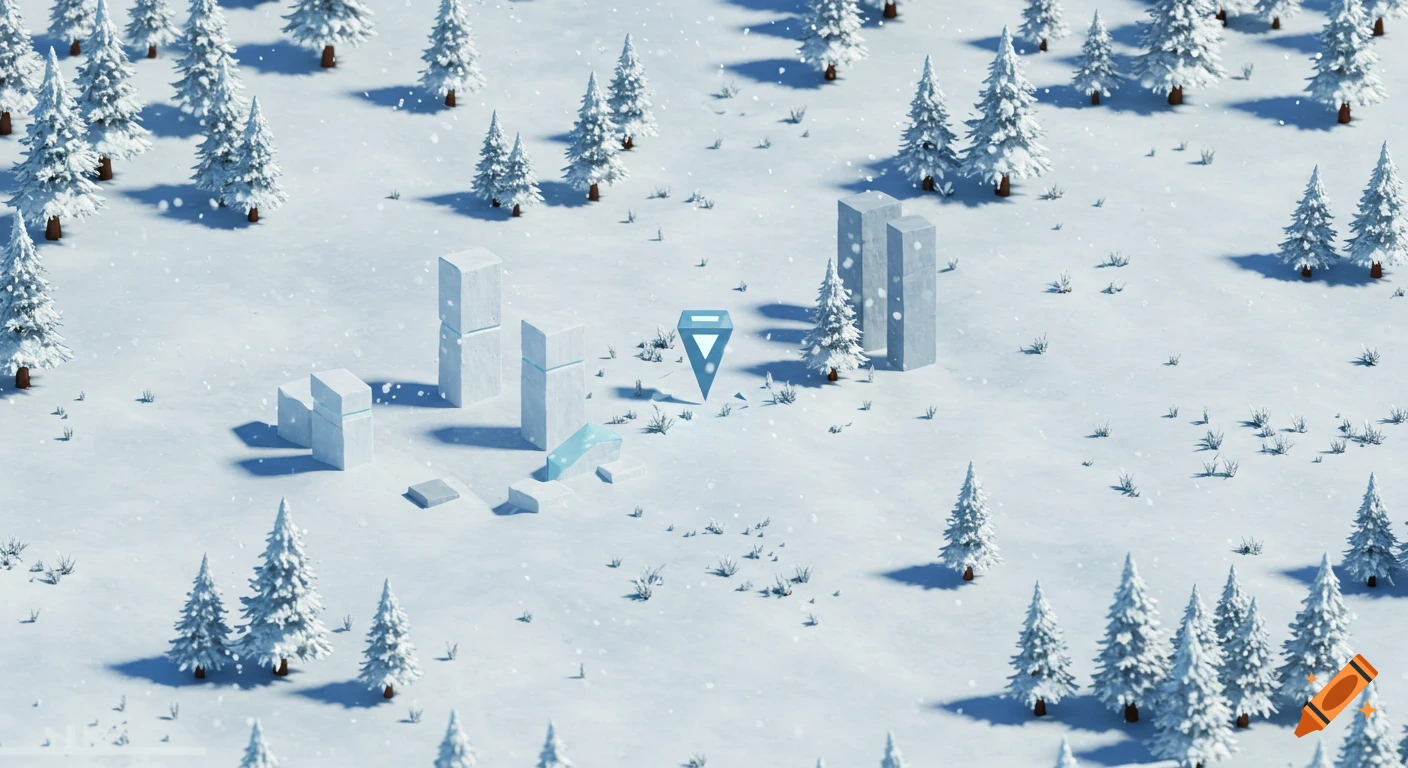 Isometric view of a snowy landscape with stylized pine trees and geometric ice structures, with a glowing blue marker at the center.