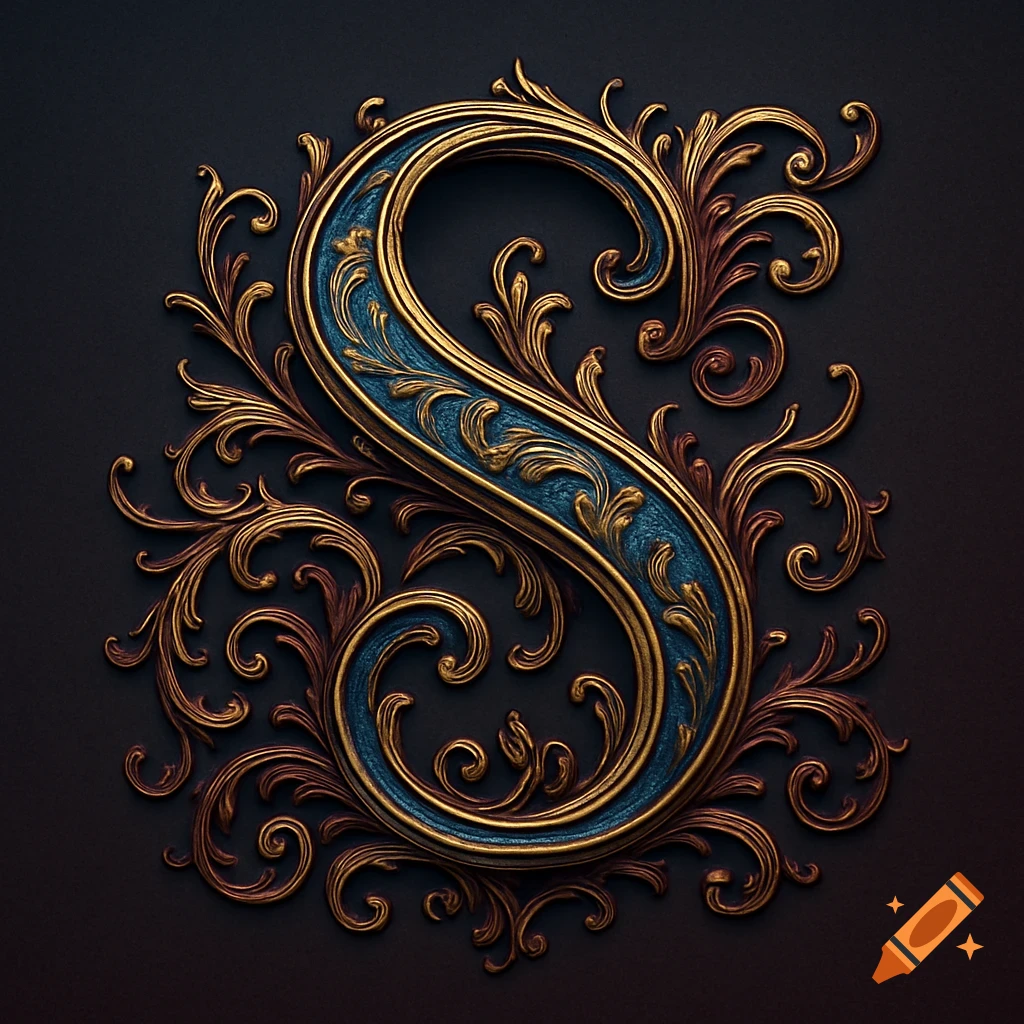 Ornate gold and teal blue letter S on a dark background, adorned with intricate floral scrollwork.