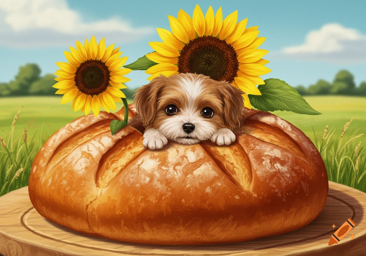 A cute brown and white puppy peers out of a golden-brown loaf of bread, flanked by two large sunflowers, against a green field.