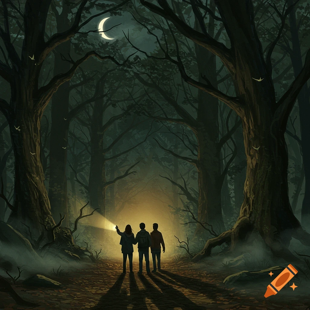 Three people explore a dark, spooky forest at night, guided by a flashlight, under a crescent moon in a stylized illustration.