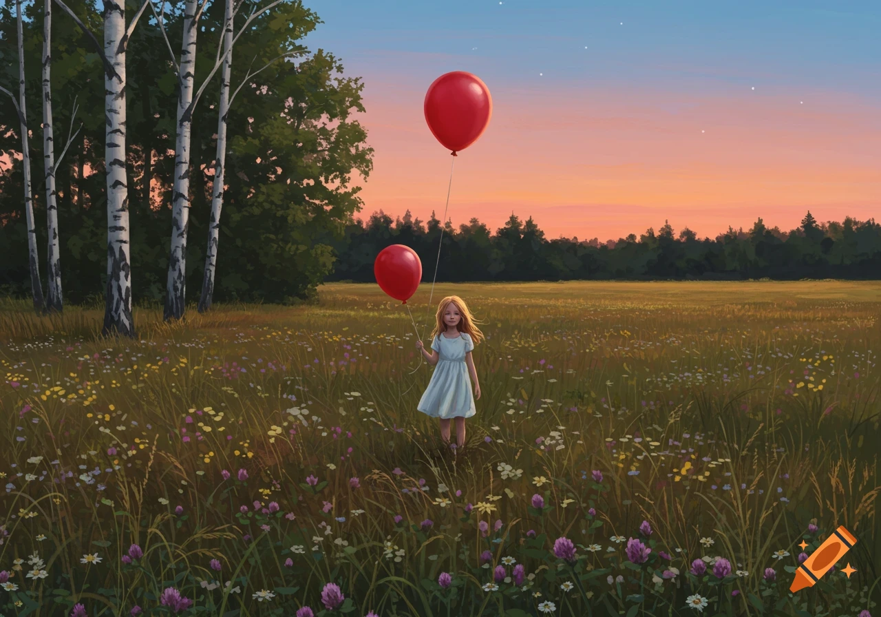 Digital painting of a young girl in a white dress holding two red balloons in a wildflower field at sunset with birch trees.