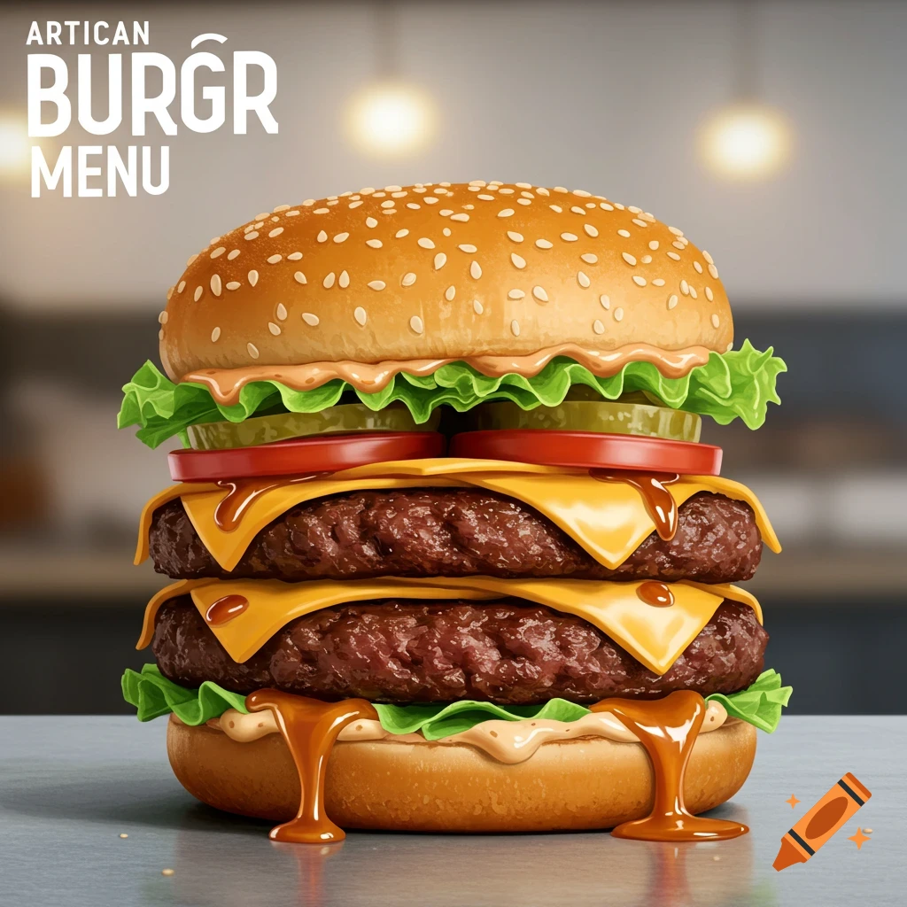 A tall, appetizing double-patty burger with cheese, lettuce, tomato, pickles, and sauce on a sesame seed bun, photorealistic.