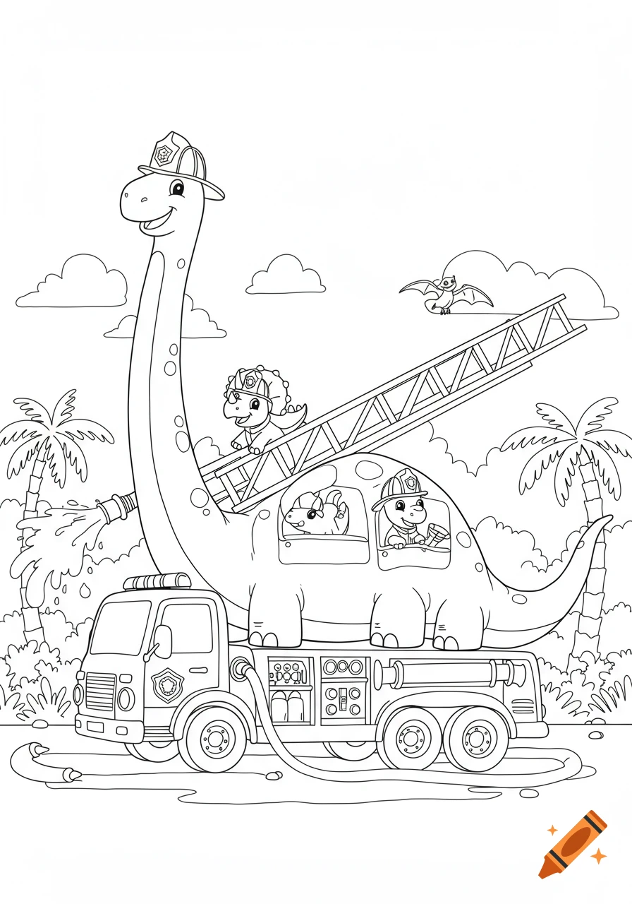 A coloring page of cartoon dinosaurs as firefighters. A Brachiosaurus drives a fire truck, spraying water, with other dinosaurs on the ladder and inside the truck.