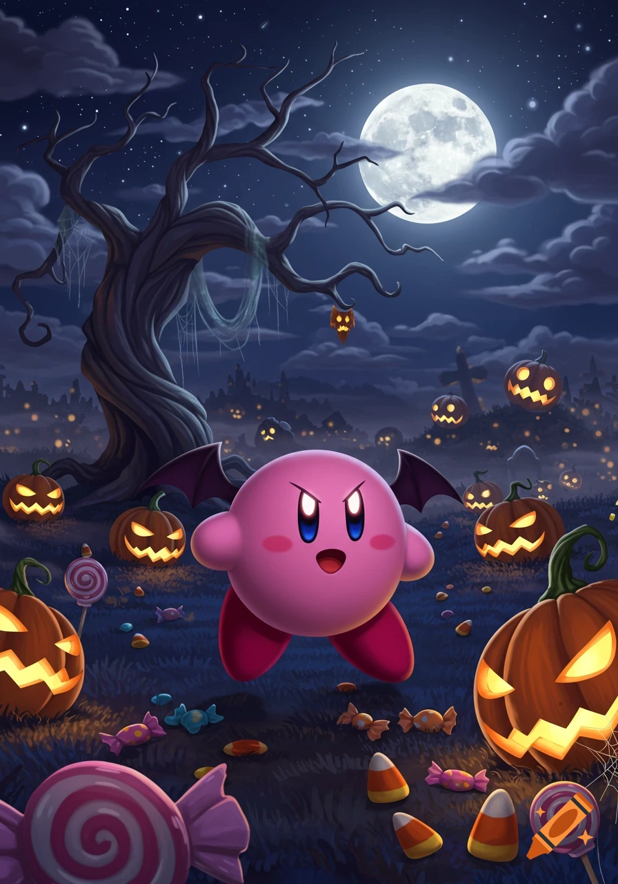 Kirby with bat wings stands in a Halloween scene with jack-o'-lanterns, candy, a spooky tree, and a full moon at night.