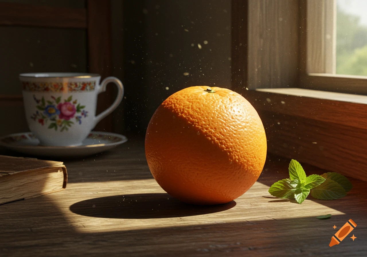 A photorealistic still life of a single orange on a wooden table next to a floral teacup, an old book, and mint leaves, bathed in sunlight from a window.
