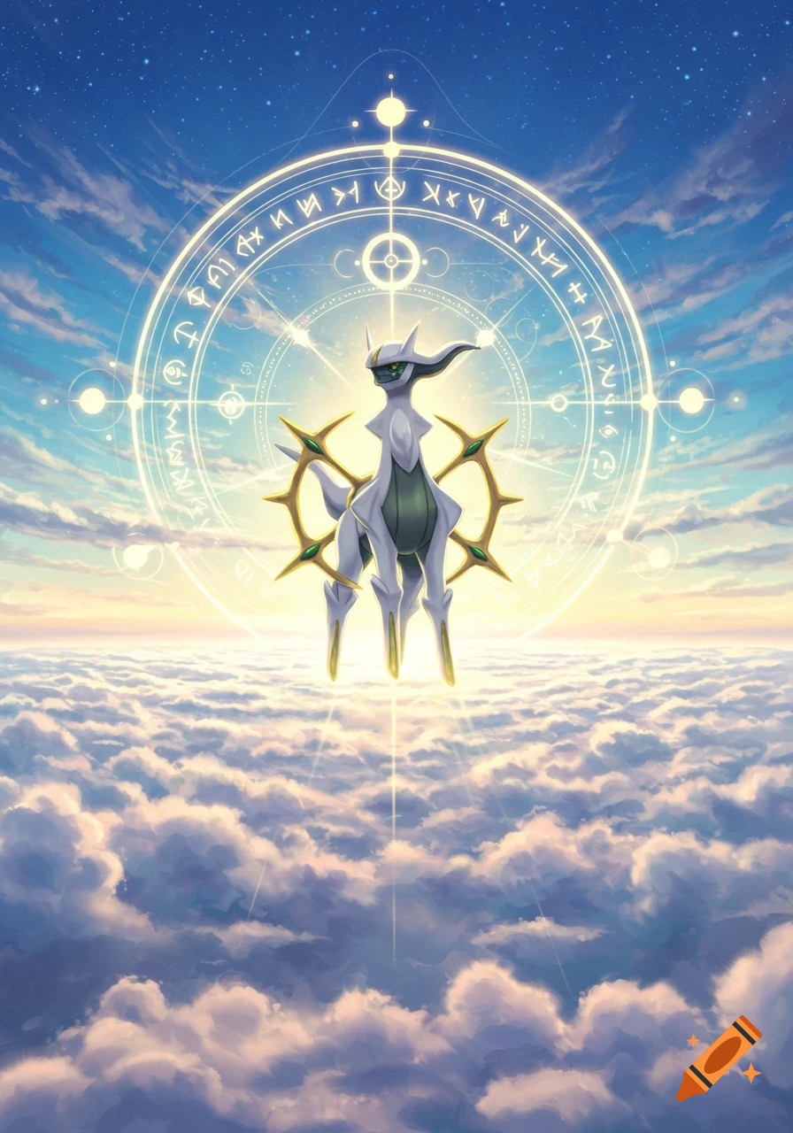Arceus, the white and green legendary Pokemon, floats majestically above a sea of clouds, surrounded by glowing celestial symbols in a bright, partly cloudy sky.