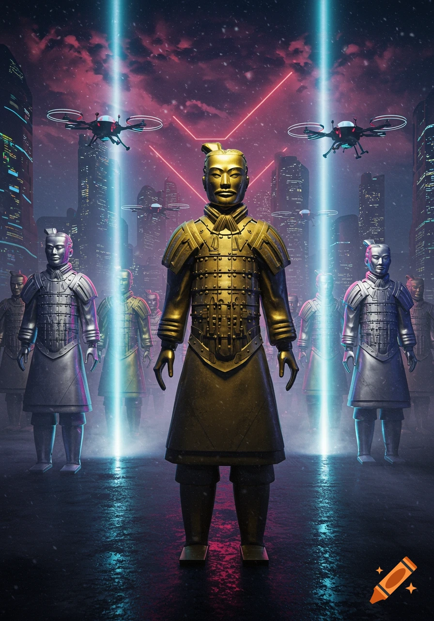 A gold futuristic terracotta warrior stands in a neon-lit cityscape with drones and laser beams, flanked by silver warriors.