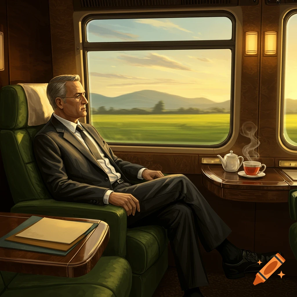 A man in a suit sits in a luxurious train carriage, looking out the window at green fields and mountains passing by.