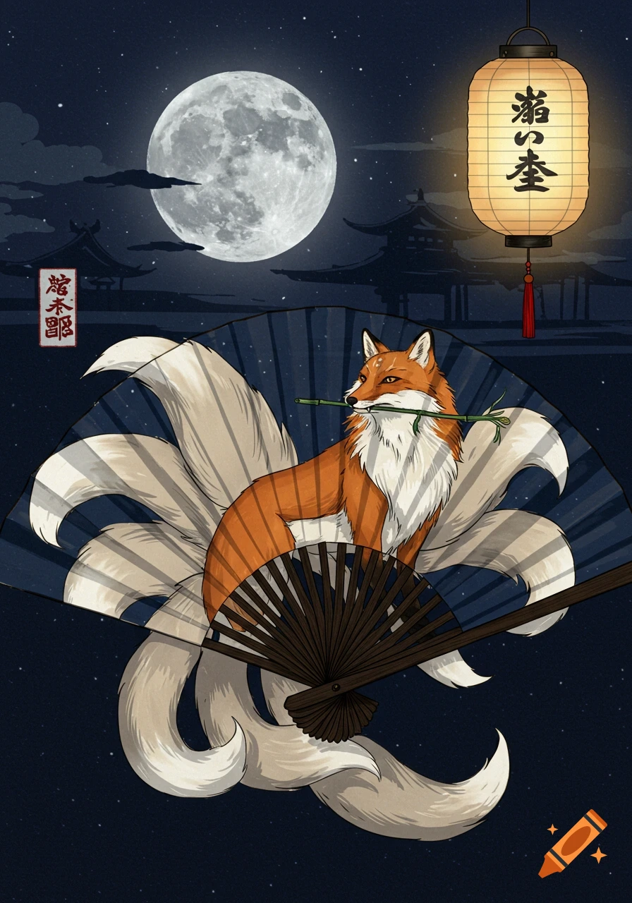 Illustrated nine-tailed fox holding bamboo, sitting behind a large Japanese fan at night under a full moon and glowing lantern.