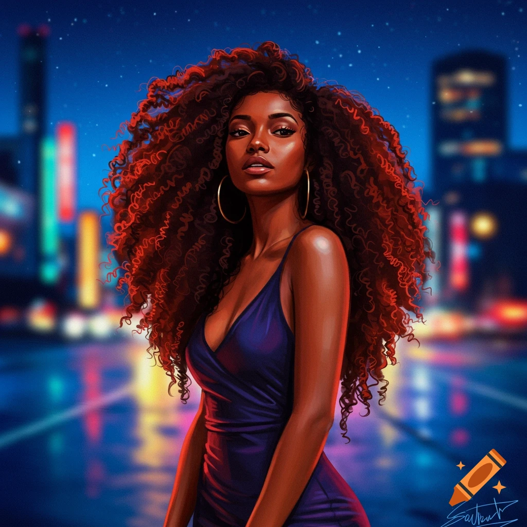 Stylized portrait of a Black woman with voluminous curly hair in a dark blue dress, against a blurred neon city night background.