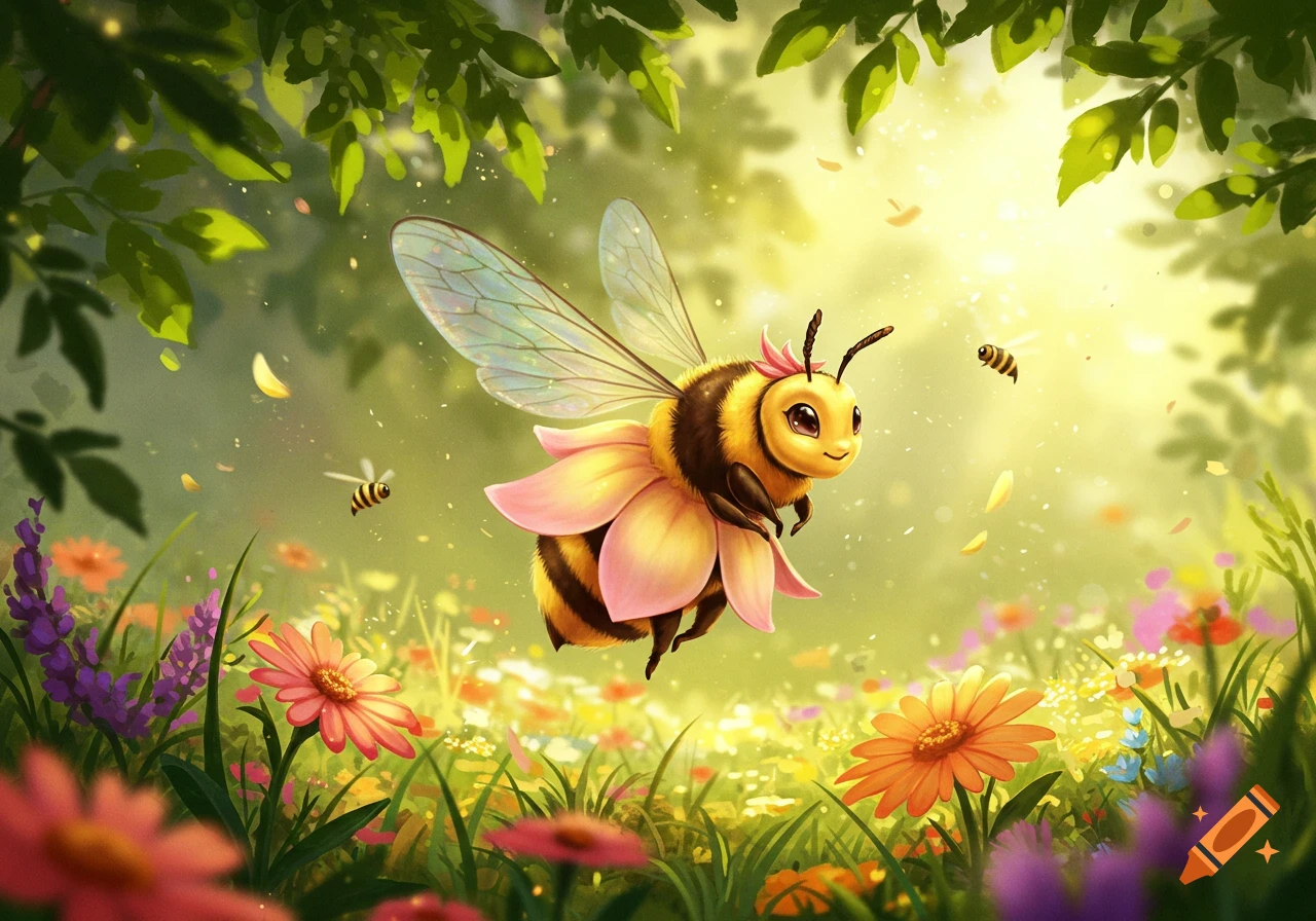 A cute, cartoon bumblebee with a pink flower petal dress and delicate wings flies over a vibrant, sunlit meadow filled with colorful flowers.