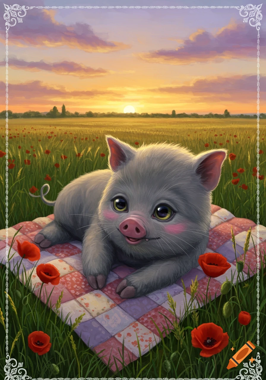 A cute, cartoon-style piglet lies on a checkered blanket in a field of red poppies at sunset.