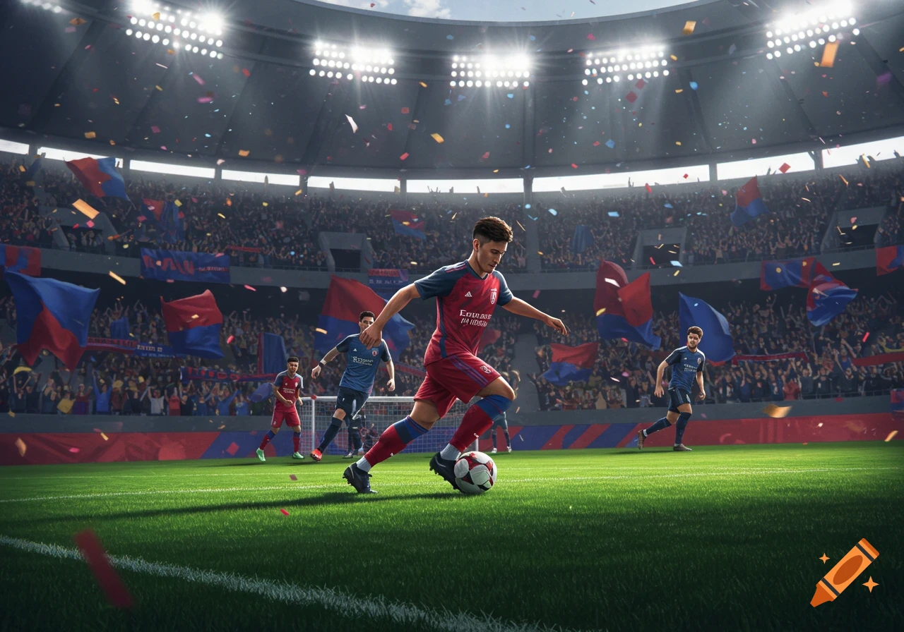 Photorealistic image of a soccer player dribbling the ball on a green field in a stadium with confetti falling.