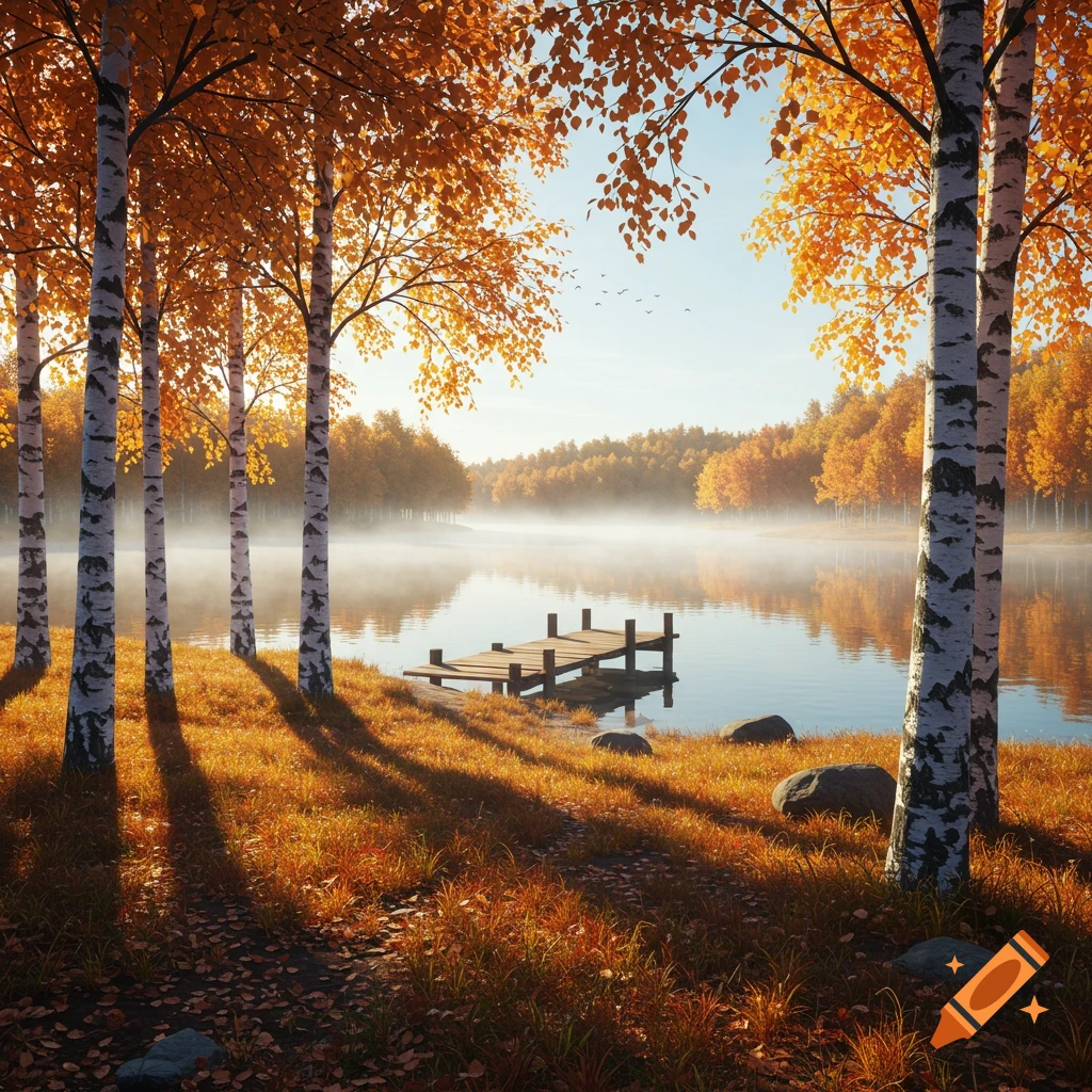 Photorealistic autumn landscape with golden birch trees lining a misty lake with a small wooden pier under a clear sky.
