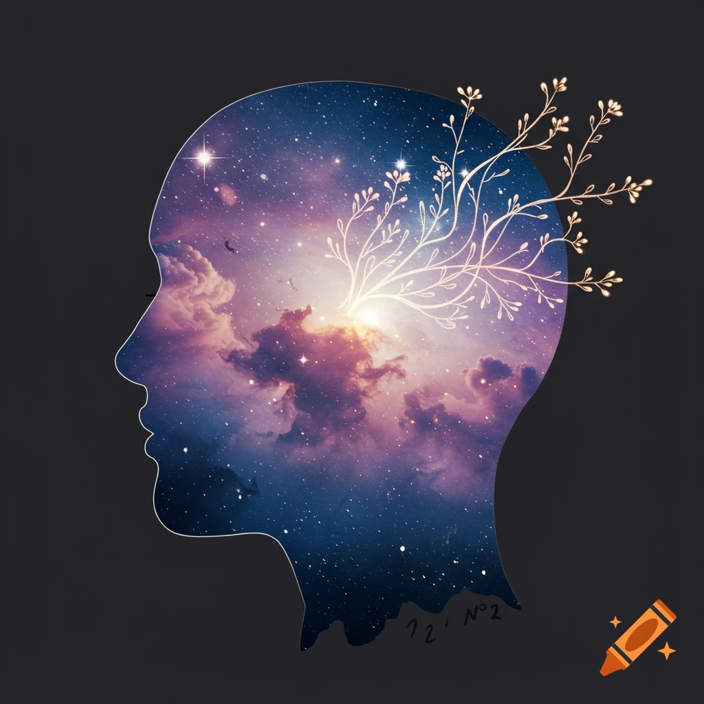 A human head silhouette filled with a vibrant starry galaxy and glowing branches sprouting from its top against a dark background.