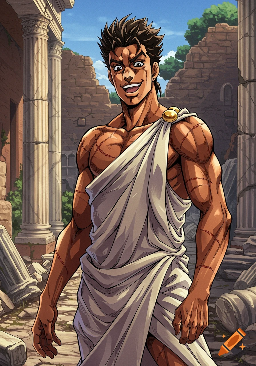 A muscular man with spiky dark hair and many scars, wearing a white toga, smiles mischievously amidst ancient Roman ruins in an anime style.