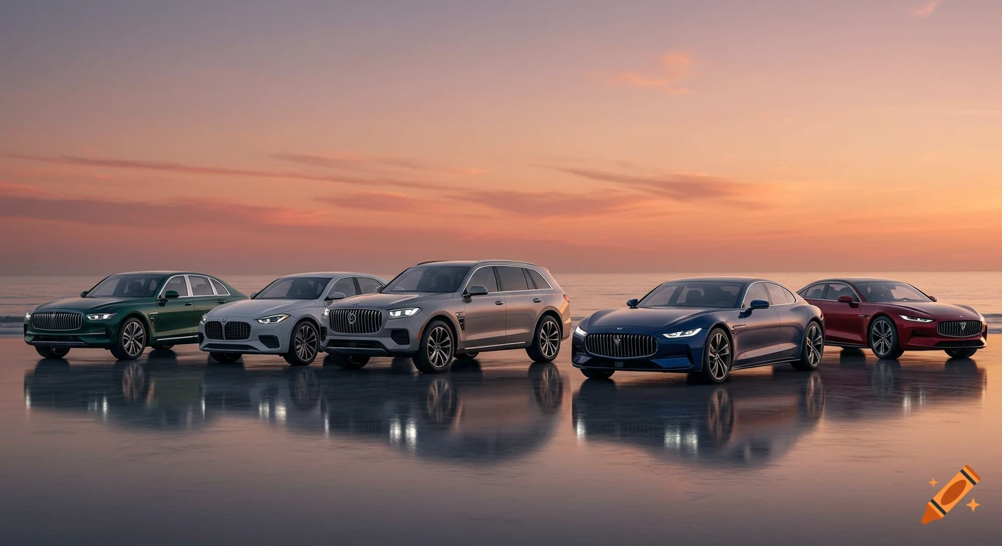 Six luxurious cars of various colors parked on a reflective promenade at sunset, with the ocean in the background.