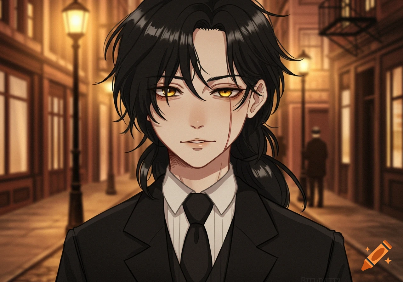 Anime-style portrait of a man with long black hair, golden eyes, and a red streak below his eye, wearing a black suit in a street with glowing lanterns.