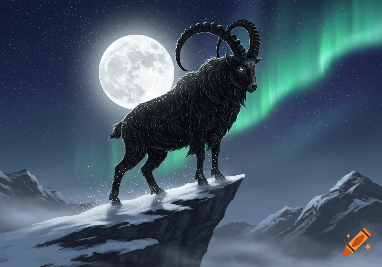 A mythical black horned goat with glowing eyes stands on a snowy mountain peak under a full moon and green aurora borealis.