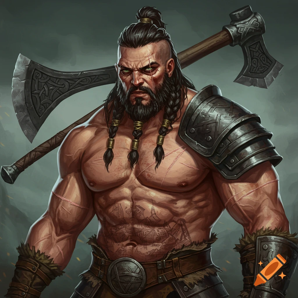 A muscular, battle-scarred warrior with a braided beard, topknot, and green eyes. He wields a large axe over his shoulder and wears leather armor, featuring a village drawing on his chest, in an illustrative style.