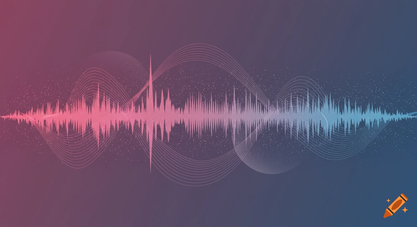 Abstract sound wave visualization with a pink-to-blue gradient and cosmic lines on a dark background.