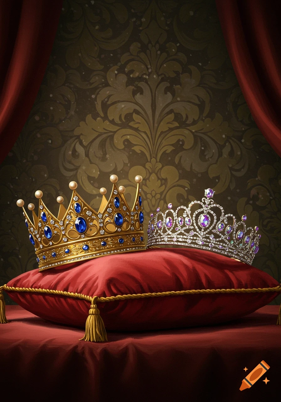 Two ornate crowns, one gold with blue jewels and one silver with purple jewels, rest on a red velvet pillow against a damask background.