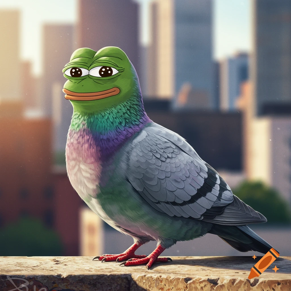 A pigeon with a green Pepe the Frog head stands on a stone ledge overlooking a blurred city skyline.