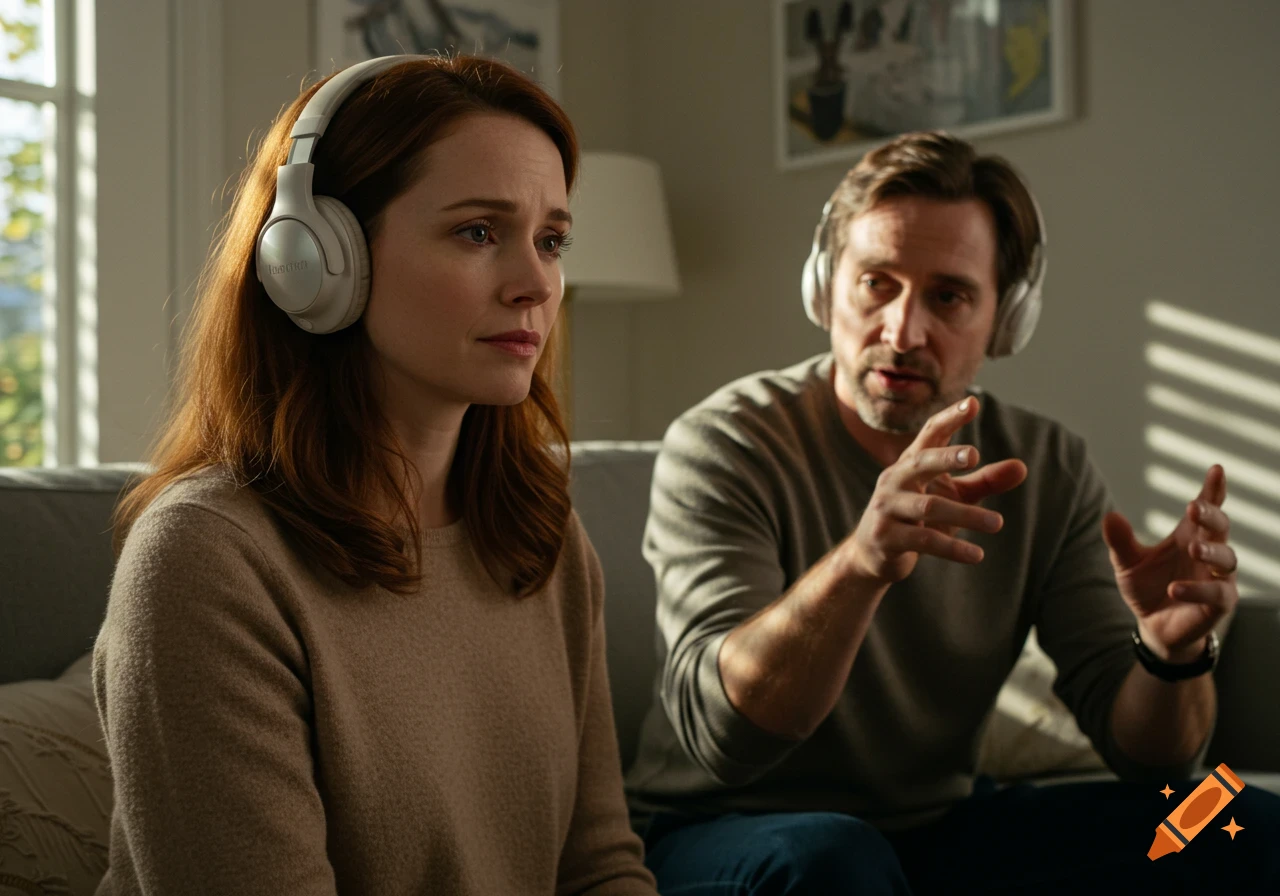 A photorealistic image of a woman with auburn hair wearing white headphones, looking sad while a man with headphones gestures beside her.