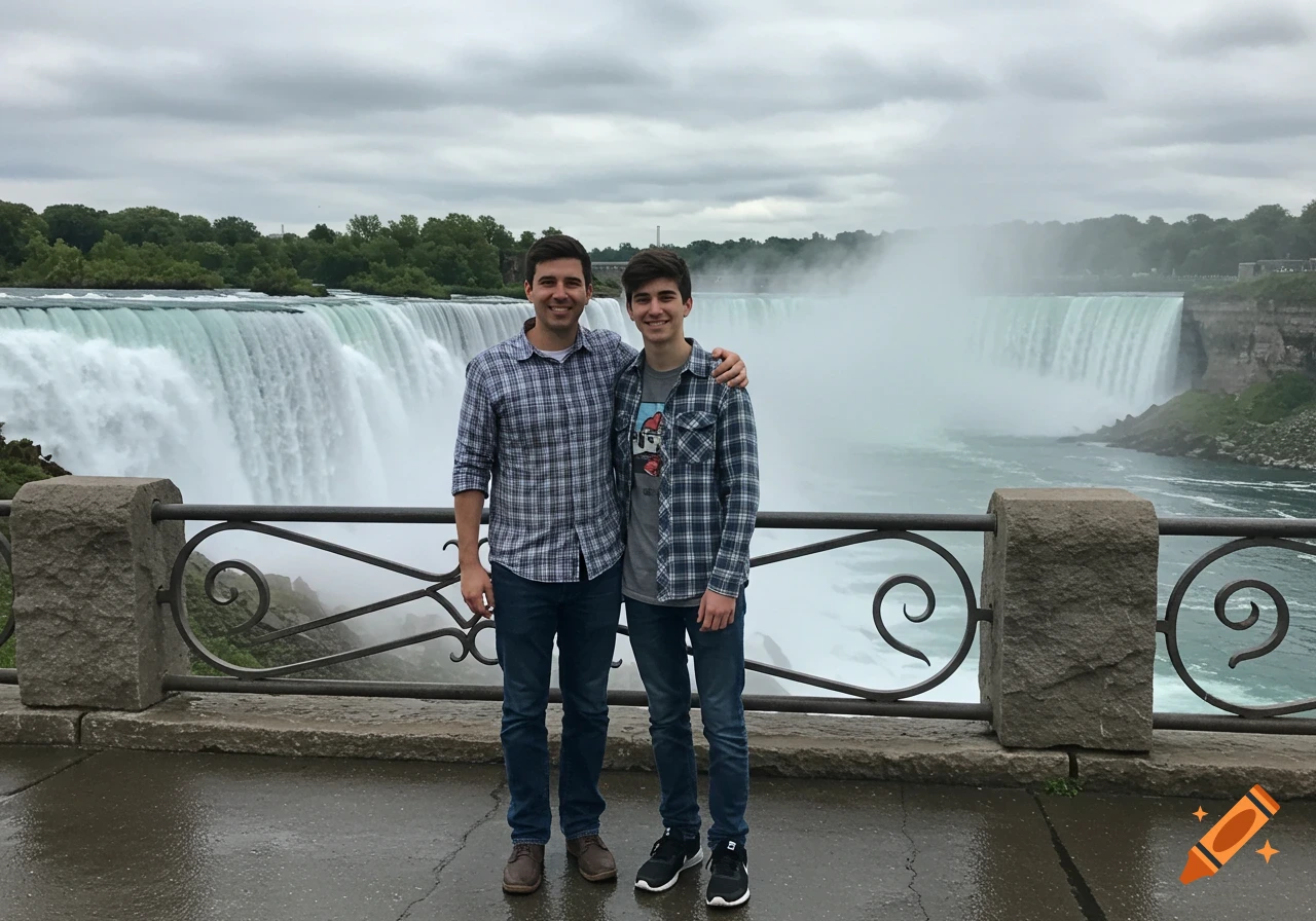 Two men smile, standing in front of Niagara Falls, one with an arm around the other.