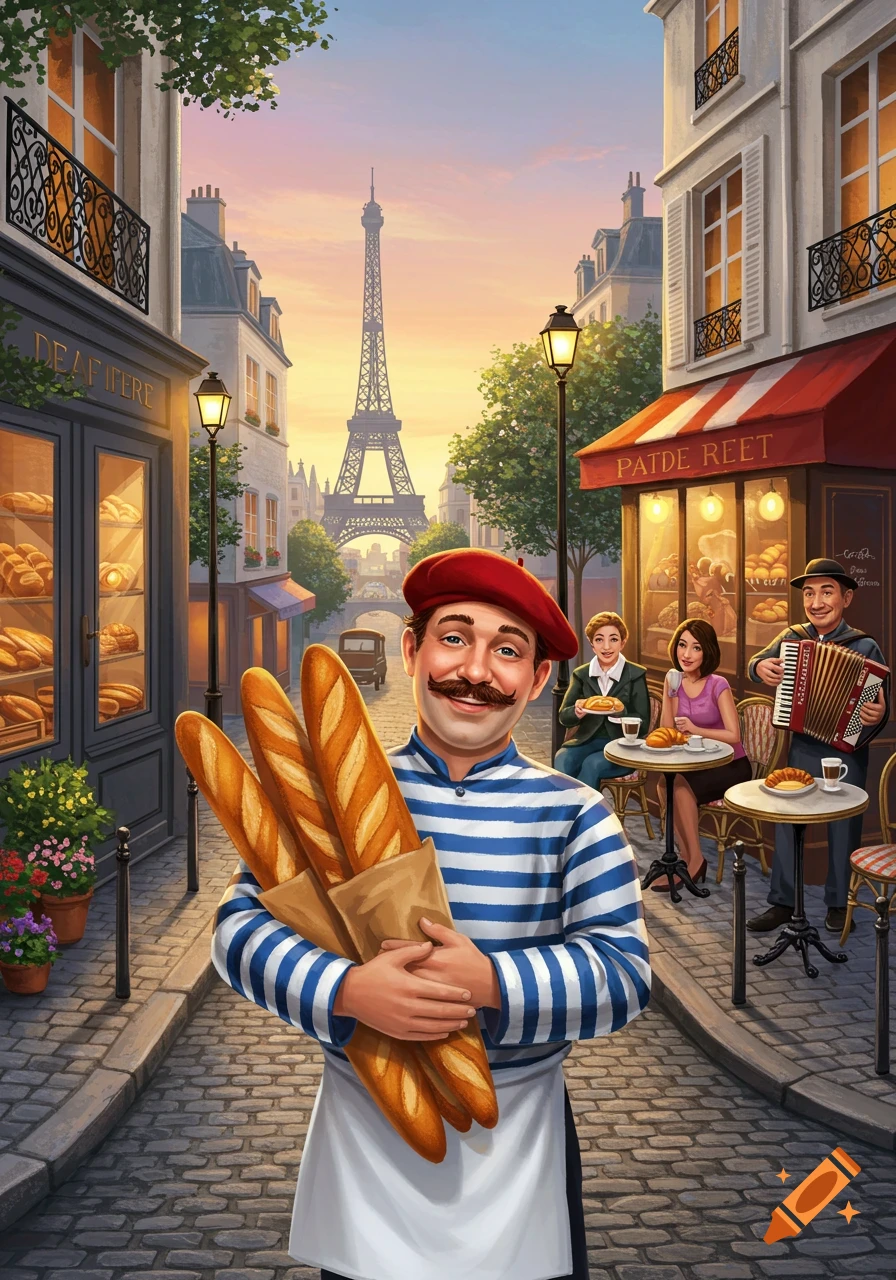 A smiling French baker in a striped shirt and beret holds baguettes on a cobbled Parisian street with the Eiffel Tower in the background.