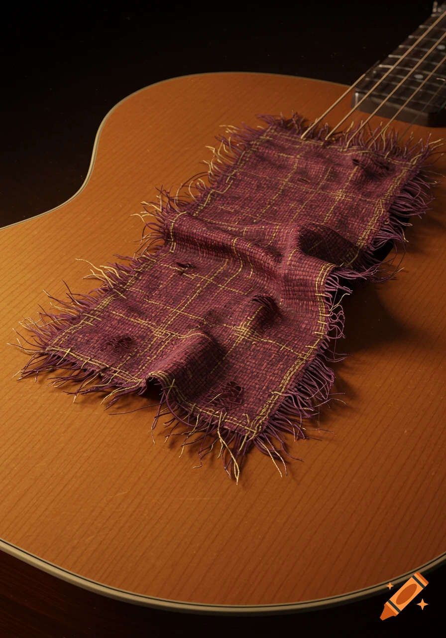 A close-up of a rustic, torn purple and gold plaid fabric patch covering a section of a light brown acoustic guitar's body.