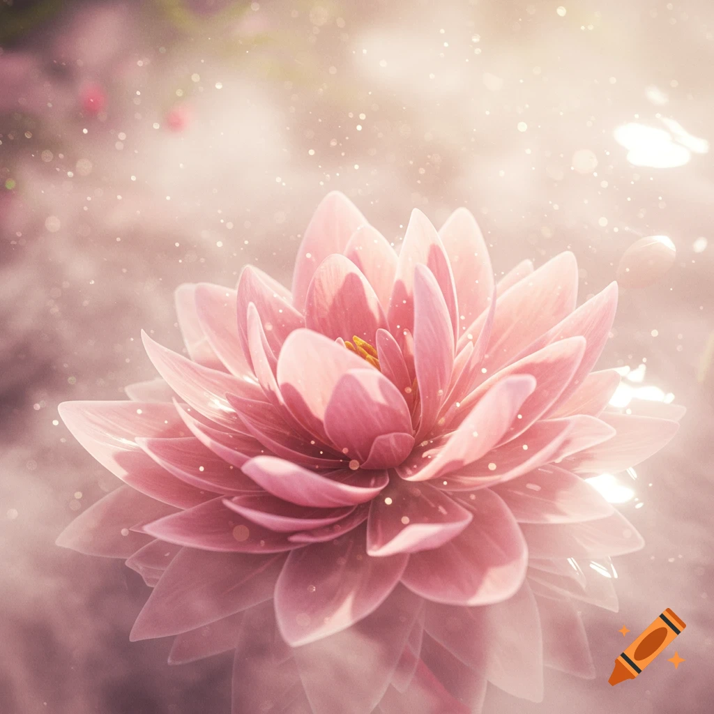 Close-up of a vibrant pink lotus flower with glowing petals, soft lighting, and shimmering bokeh effects.