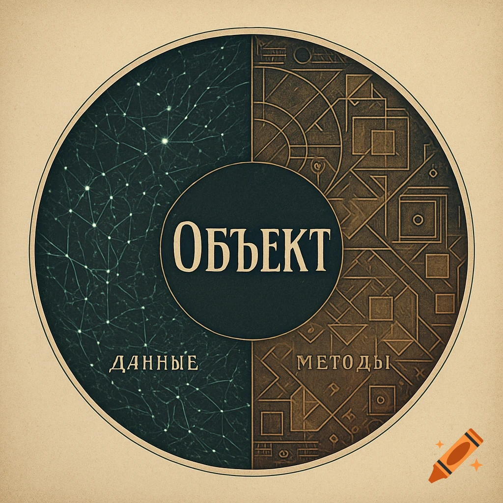 A conceptual circular diagram labeled 'ОБЪЕКТ' in the center, with 'ДАННЫЕ' and 'МЕТОДЫ' sections.