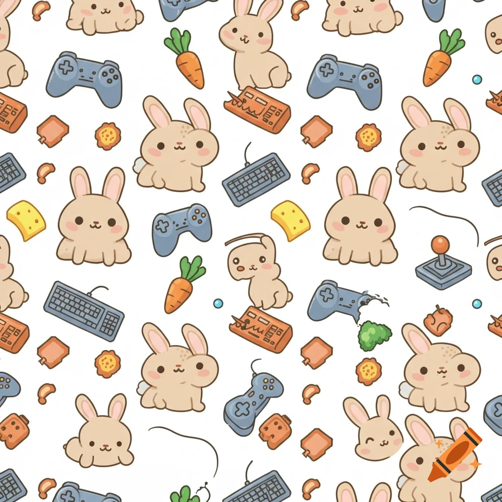 Seamless pattern of cute cartoon bunnies, carrots, and gaming elements like controllers, keyboards, and joysticks on a white background.