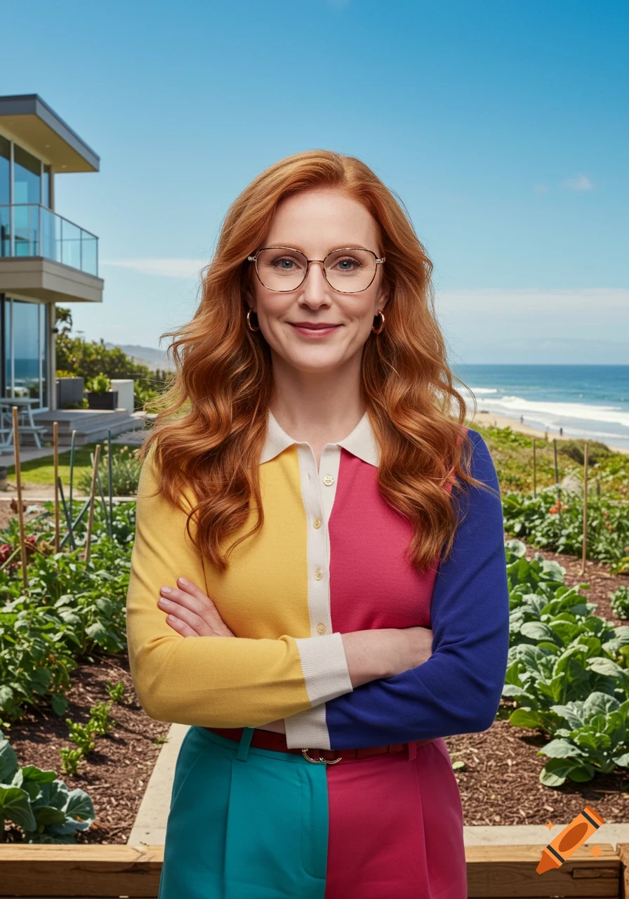 A smiling red-haired woman with glasses, wearing a colorful, block-patterned polo shirt and pants, stands in a garden with a modern house and beach in the background.
