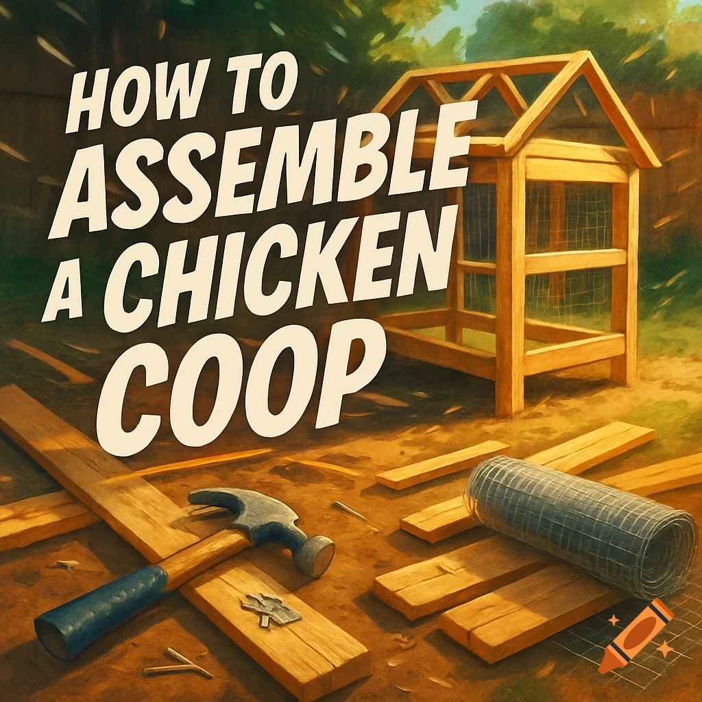 Illustrative image showing wood, a hammer, chicken wire, and a partially assembled chicken coop, with text 'HOW TO ASSEMBLE A CHICKEN COOP'.